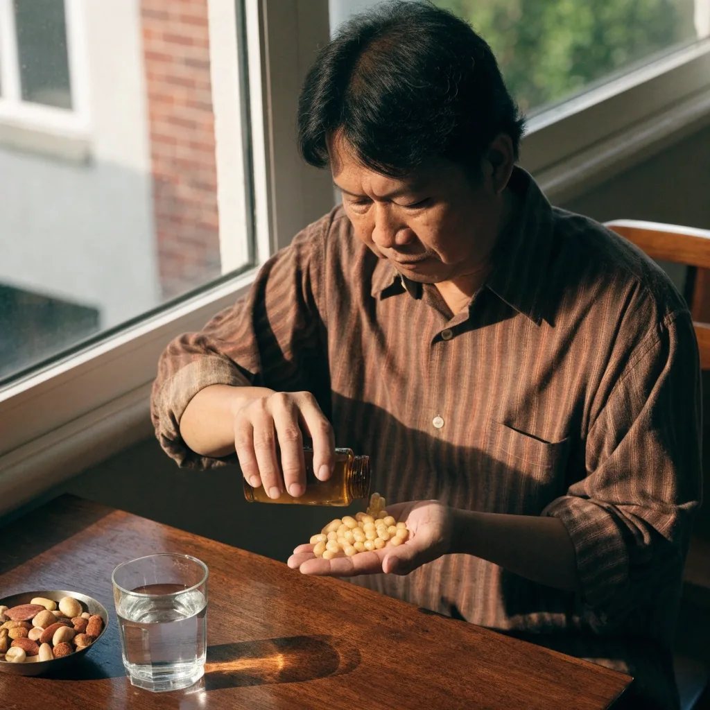 A glass of water, a bowl of nuts and a plain amber vessel on a stone kitchen counter at golden hour