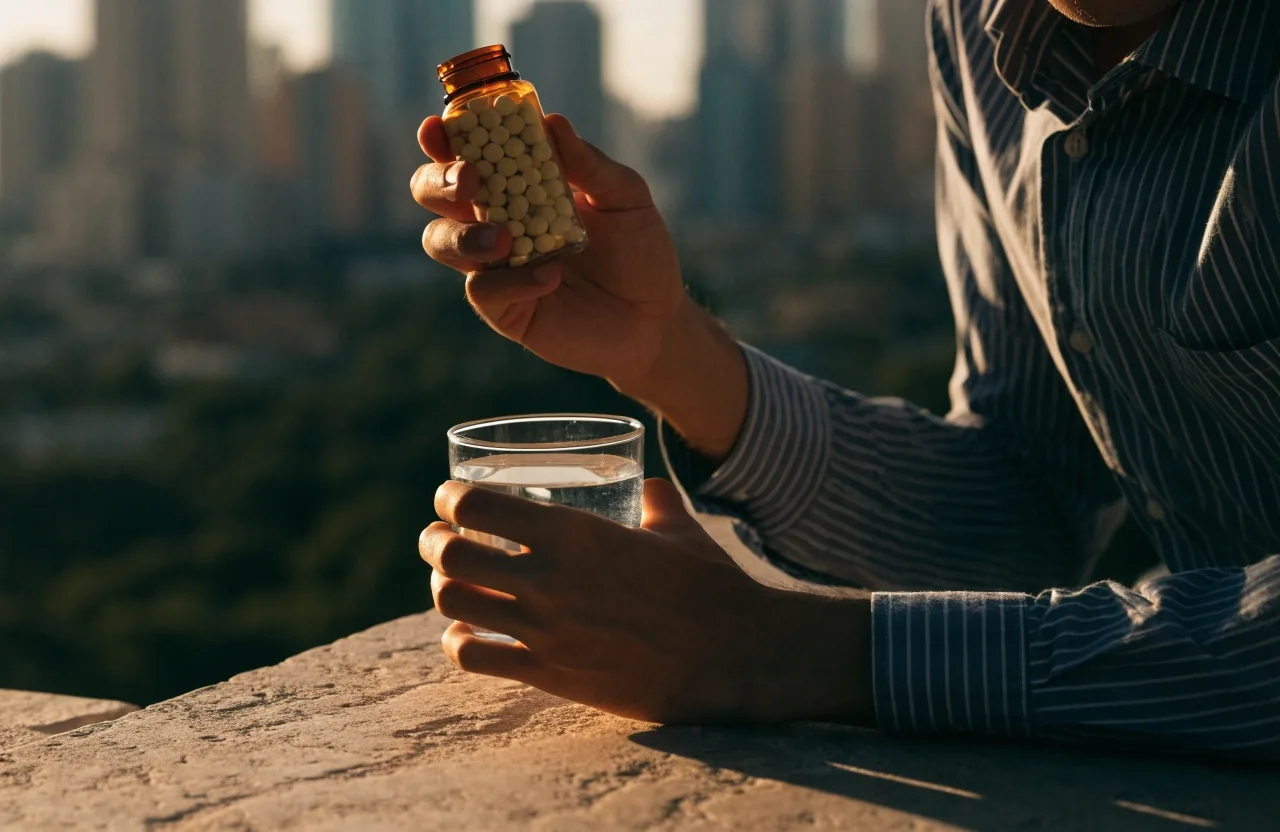 A glass of water and folded linen on a stone terrace ledge at golden hour, city softly out of focus
