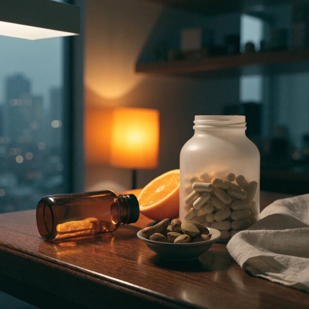 Overhead flat-lay of plain unbranded supplement vessels, glasses of water, citrus, and nuts on linen