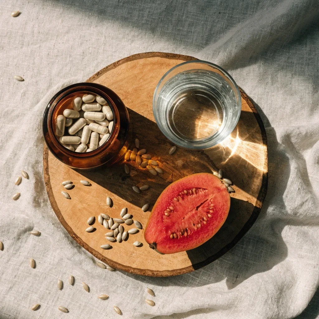 Evening light across a stone counter with a glass of water, a linen runner and an out-of-focus plain amber bottle