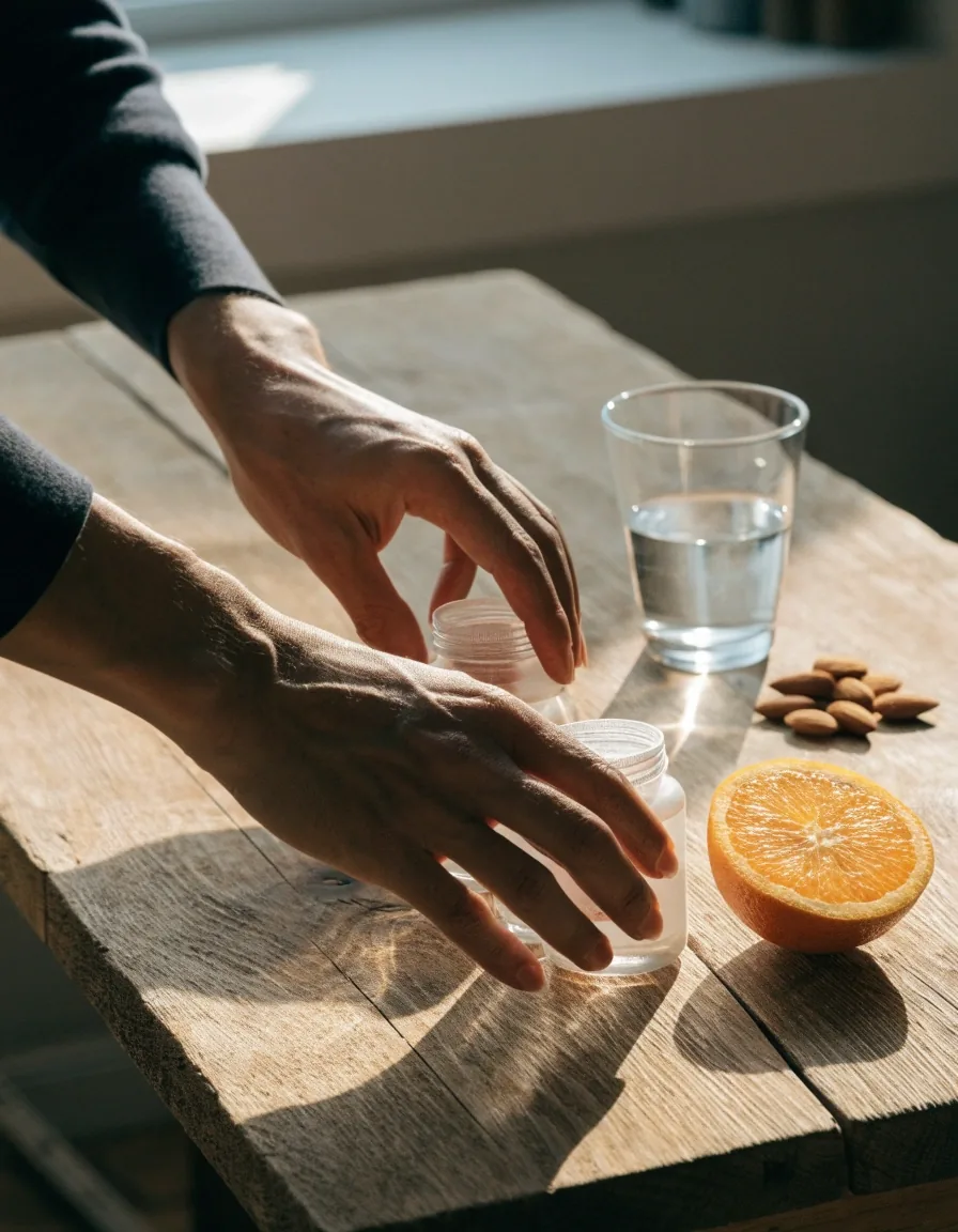 An overhead arrangement of plain unbranded supplement vessels, water, nuts and citrus on linen
