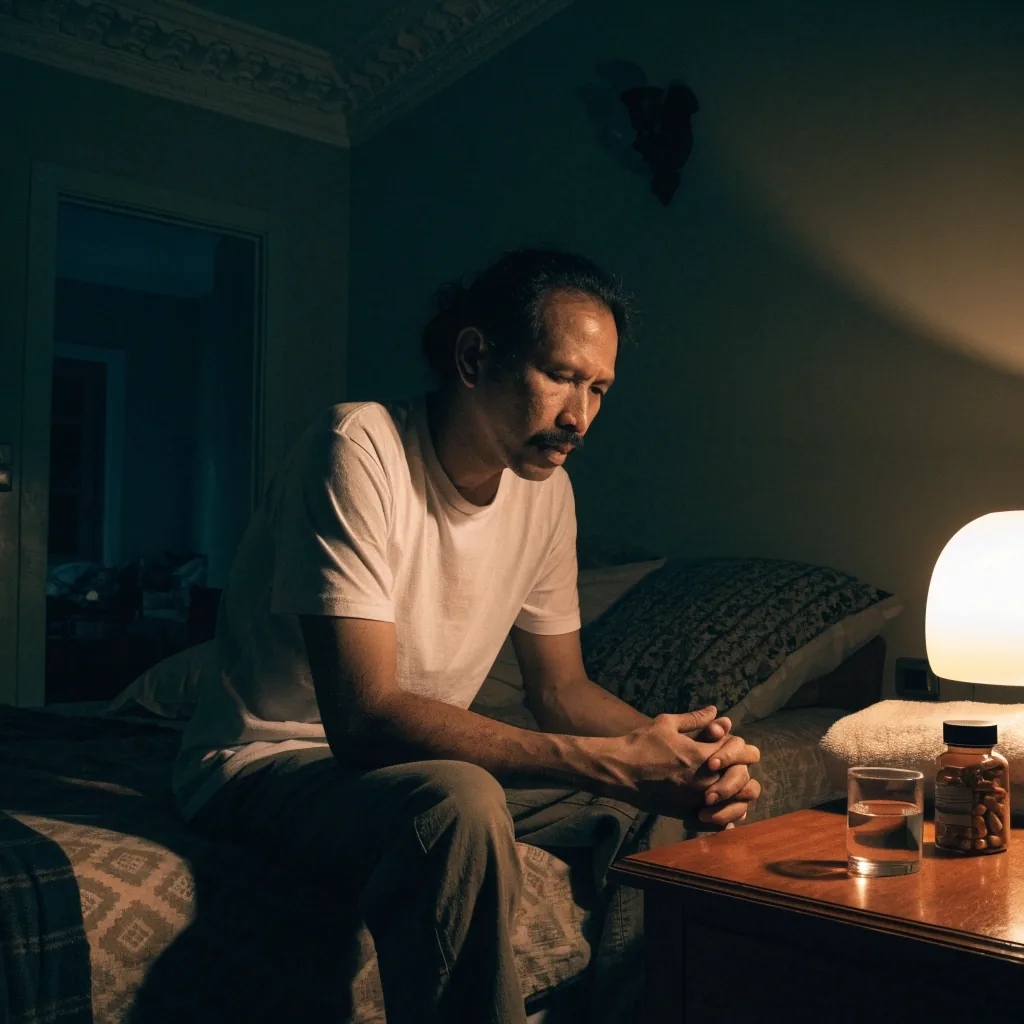 An evening counter with a glass of water, nuts and a plain supplement bottle in low warm light