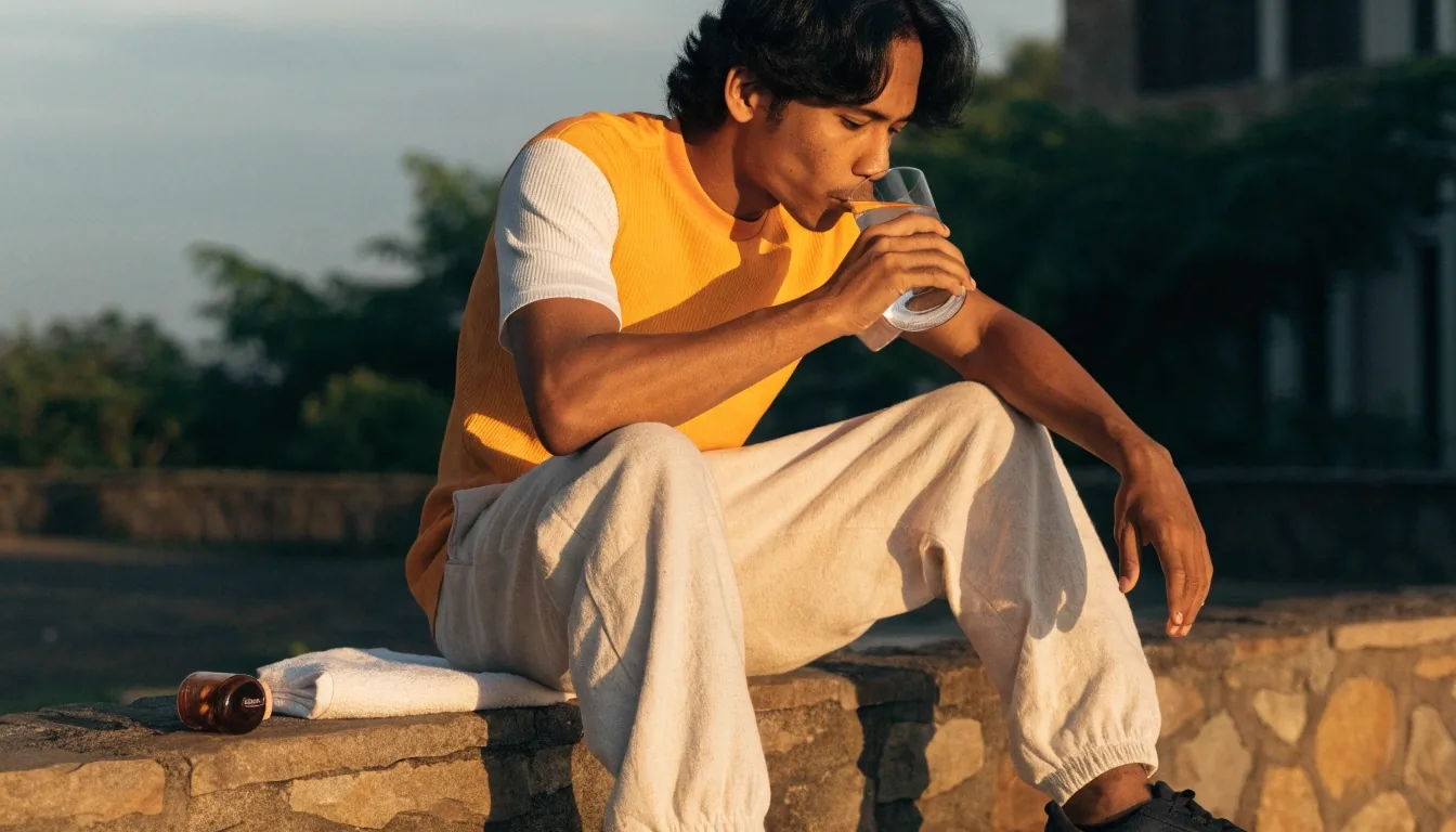 Terrace ledge at golden hour with a glass of water, linen runner and a plain amber bottle