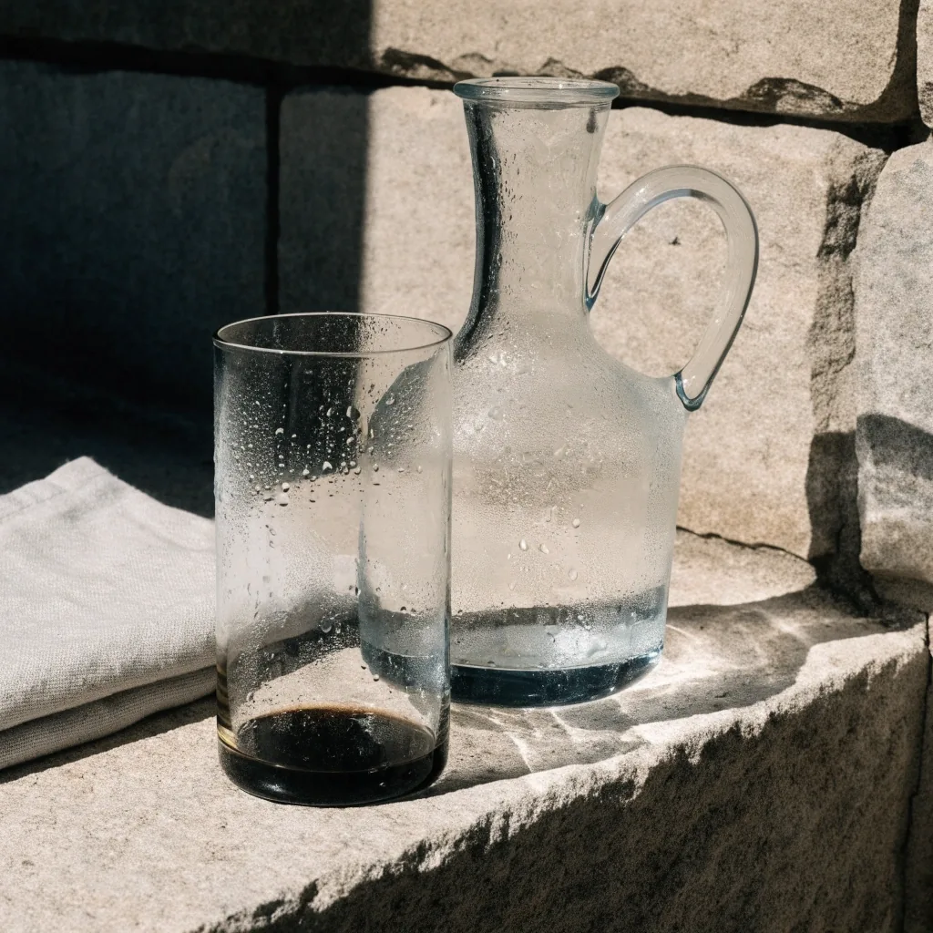 Water carafe and glass on a sunlit stone ledge with a folded linen cloth