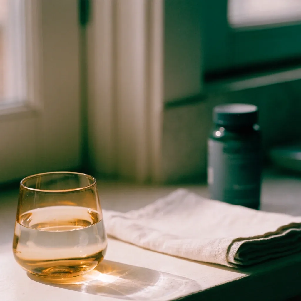 A quiet terrace ledge at golden hour with a glass of water, a linen runner and an out-of-focus bottle