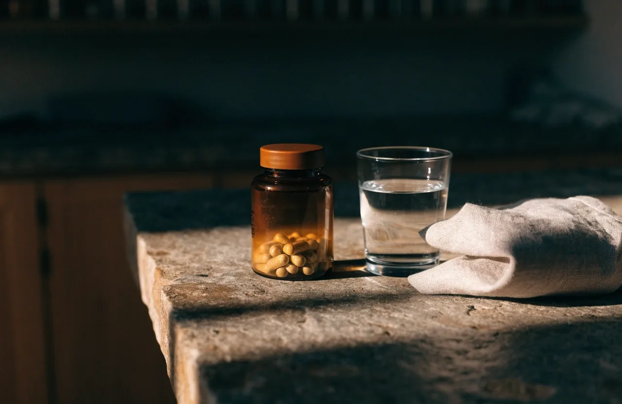 Matte amber supplement bottle, a glass of water and a folded linen cloth on a stone counter in late golden-hour light