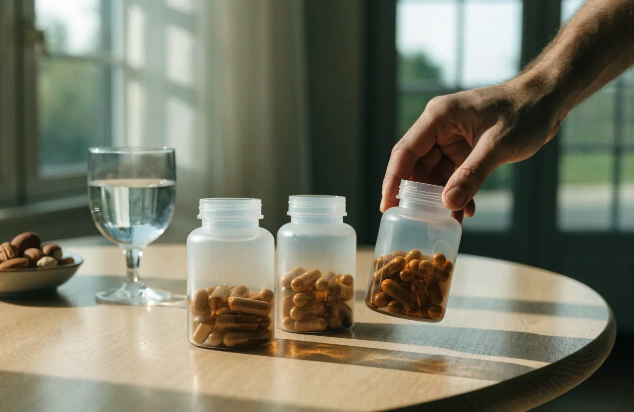 Overhead flat-lay of plain unbranded supplement vessels, water glasses, citrus and nuts on linen