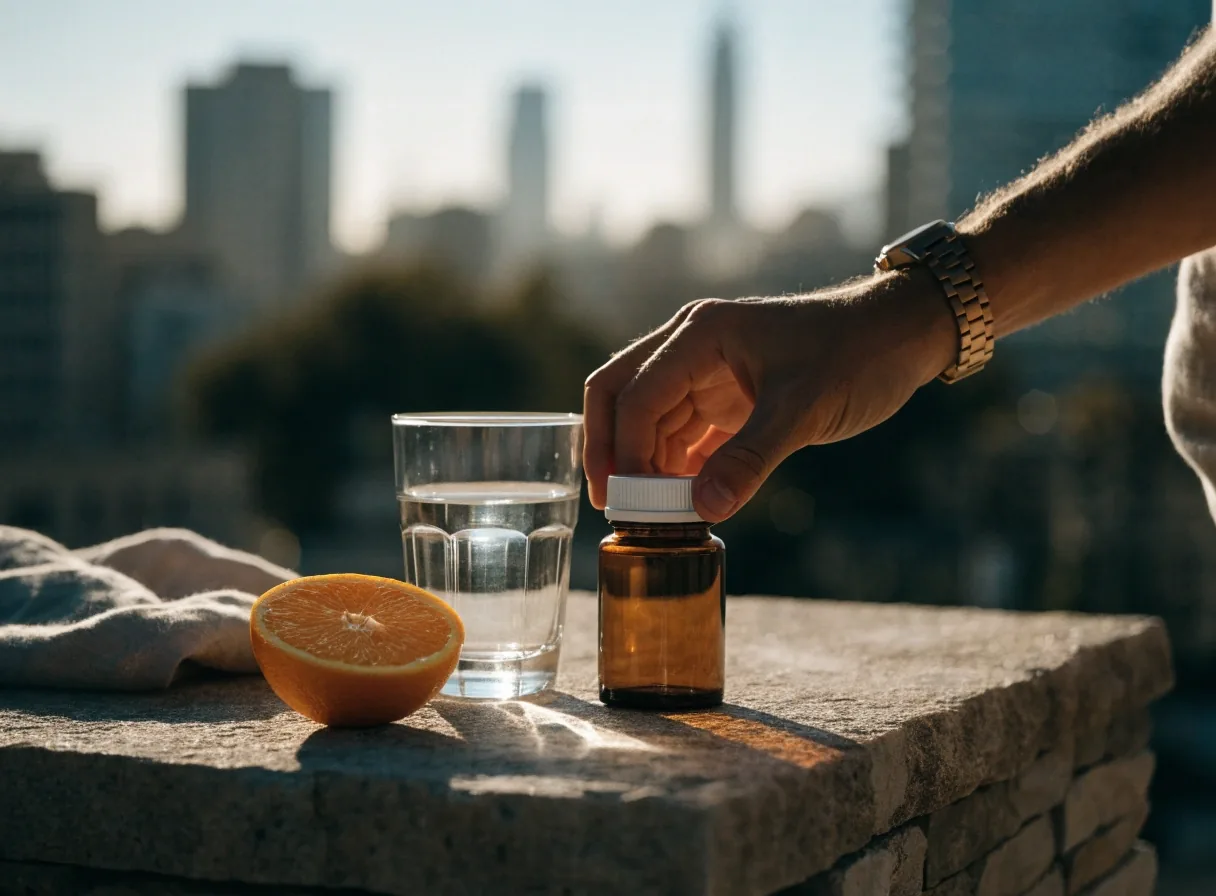 A stone terrace ledge at golden hour with water, linen and citrus