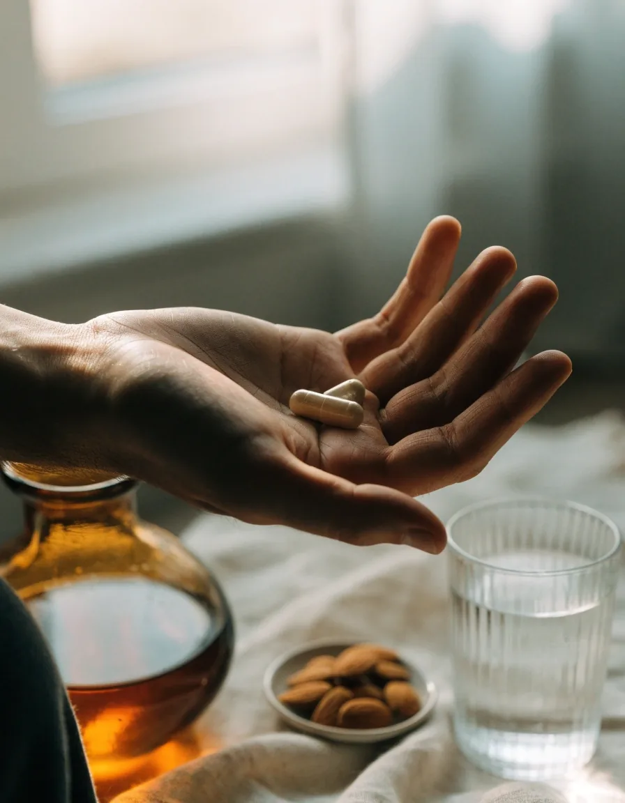 Plain unbranded supplement vessels and glasses of water laid out on linen in warm light