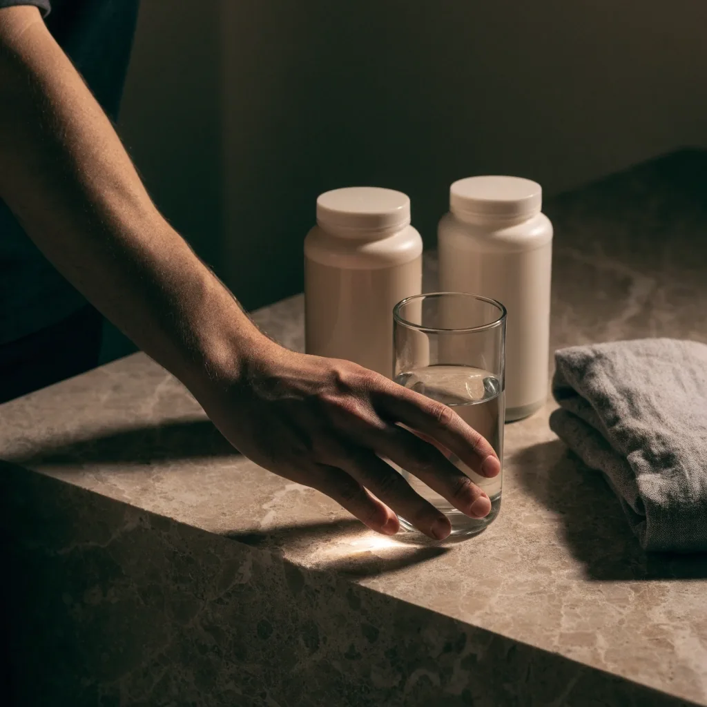 Hand setting a glass of water on a stone counter beside two plain supplement containers and a linen cloth