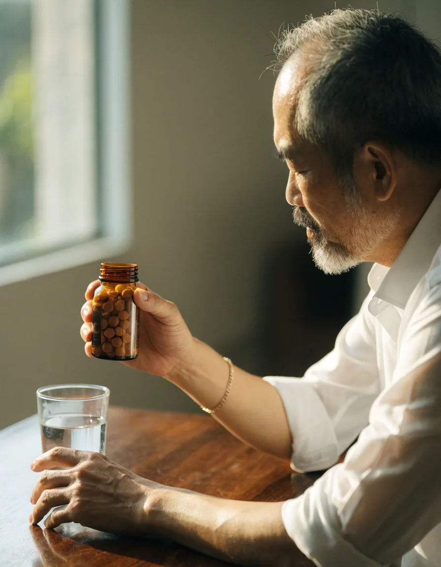 Older man's hands beside a plain supplement container and a glass of water on a warm stone table