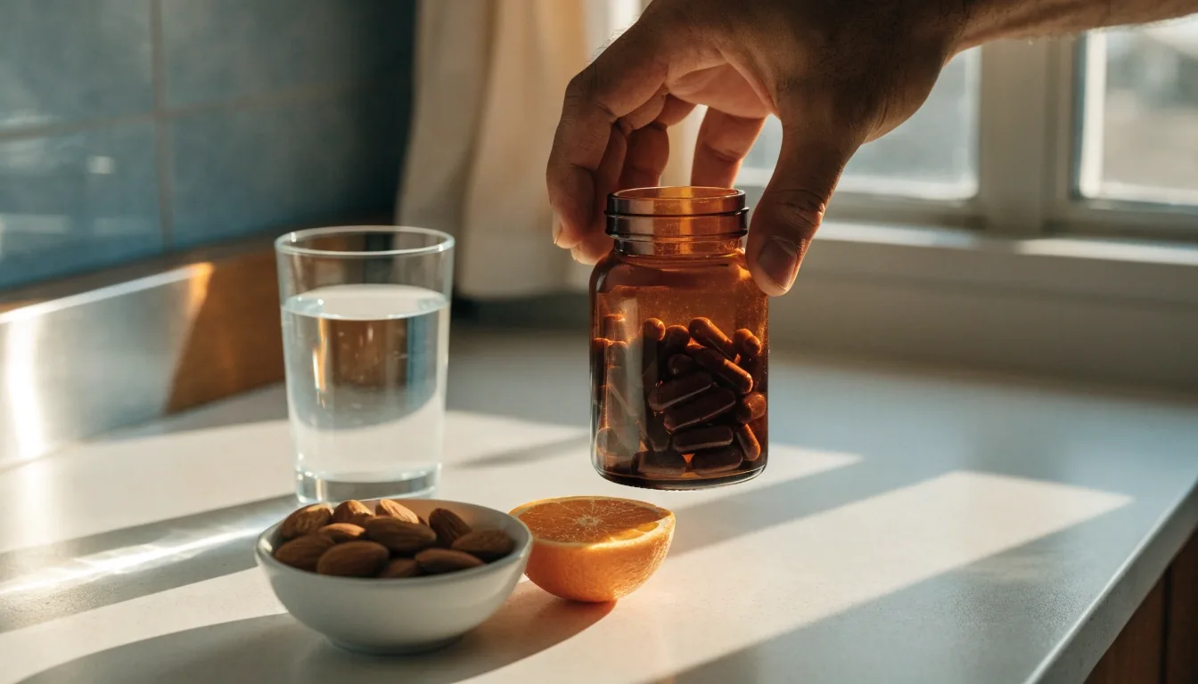 Overhead arrangement of several unbranded supplement vessels, glasses of water, citrus and nuts on linen in low side light
