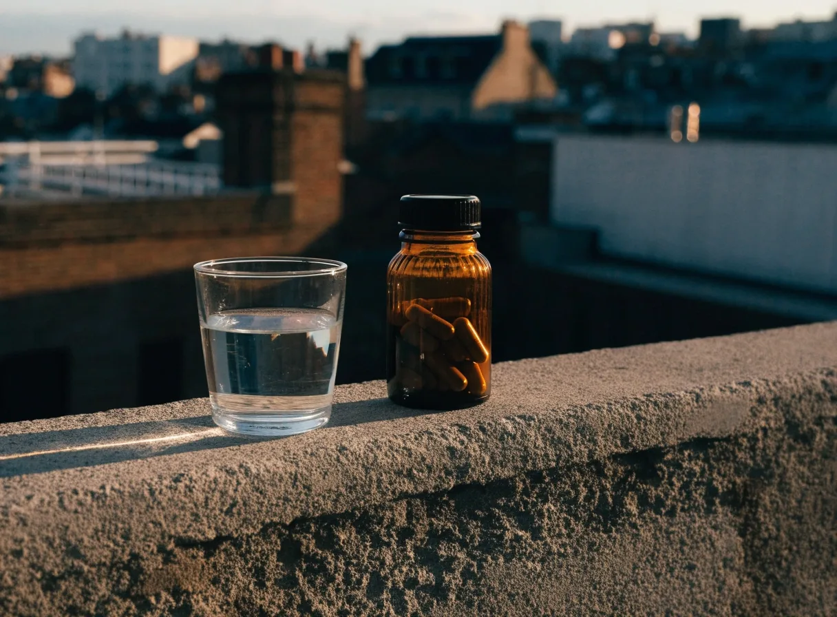 A glass of water and a folded linen runner on a stone terrace ledge at golden hour, city softly out of focus beyond